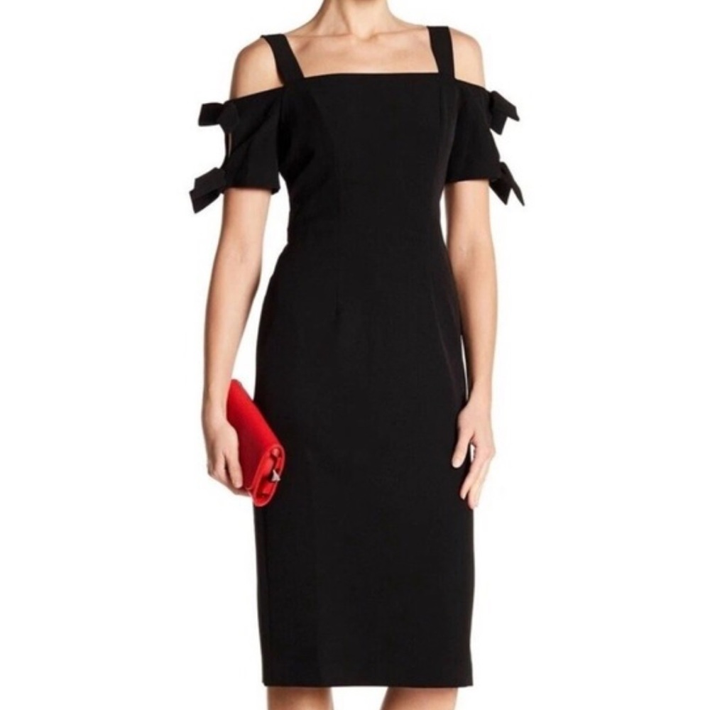 Maggy London Solid Black Cold Shoulder with Bow Dress Women's Size 4 NWT‎